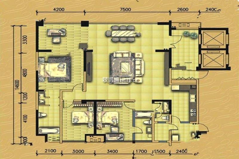 b 3室2厅2卫 约220平米