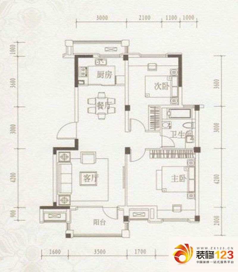 绿城丁香花园二期户型图多层标准层a1户型图   2室2厅1卫1厨