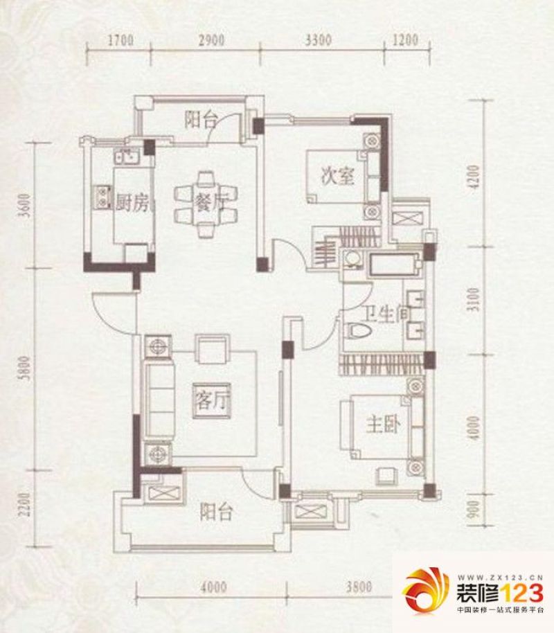 绿城丁香花园二期户型图多层标准层a2户型图 2室2厅1卫1厨