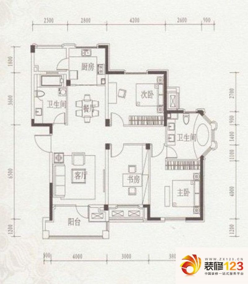 绿城丁香花园二期户型图多层标准层b1户型图  3室2厅2卫1厨